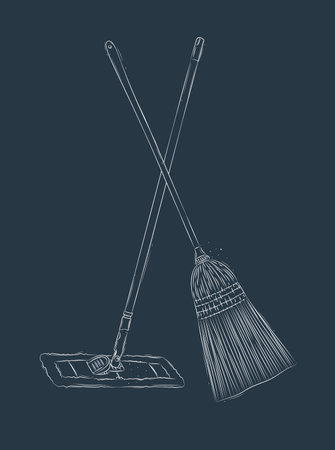 Broom and flat mop drawing in graphic style on blue backgroundのイラスト素材