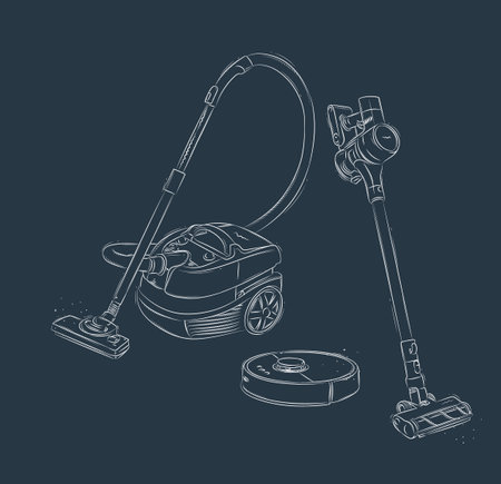 Vacuum cleaner types regular, cordless, robot drawing in graphic style on blue backgroundのイラスト素材