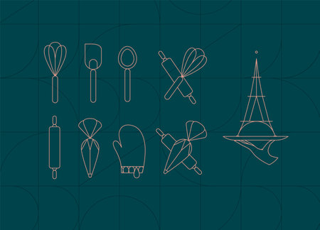 Kitchen utensils in art deco style to prepare bakery products whisk, spatula, measuring spoon, rolling pin, pastry bag, potholder, dish drawing on dark turquoise backgroundのイラスト素材