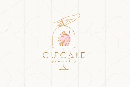 Cake stand with cupcake in art deco style holding by hand drawing on beige backgroundのイラスト素材