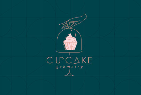 Cake stand with cupcake in art deco style holding by hand drawing on dark turquoise backgroundのイラスト素材