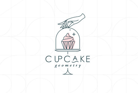 Cake stand with cupcake in art deco style holding by hand drawing on white backgroundのイラスト素材