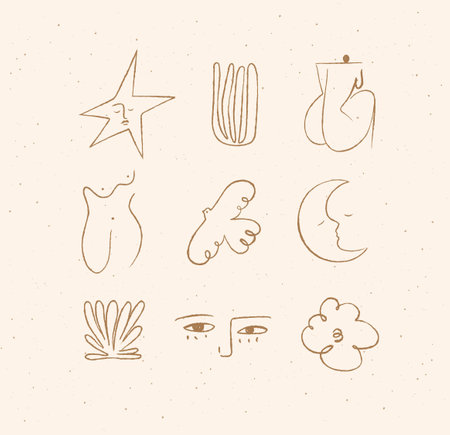 Icons art style star, plant, woman, bird, moon, eyes cloud drawing on beige backgroundのイラスト素材
