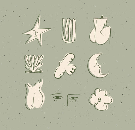 Icons art style star, plant, woman, bird, moon, eyes cloud drawing on green backgroundのイラスト素材