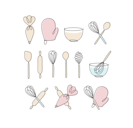 Linear bakery tools pastry bag, potholder, bowl, whisk, spoon, rolling pin, spatula drawing in pen line style on light backgroundのイラスト素材