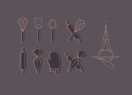 Kitchen utensils in art deco style to prepare bakery products whisk, spatula, measuring spoon, rolling pin, pastry bag, potholder, dish drawing with brown on chocolate color backgroundのイラスト素材