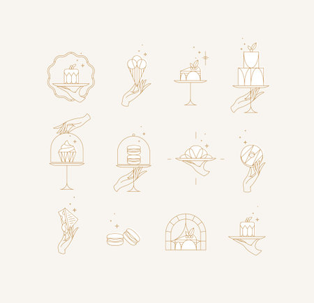 Desserts on cake stand in art deco style labels drawing with white on beige backgroundのイラスト素材