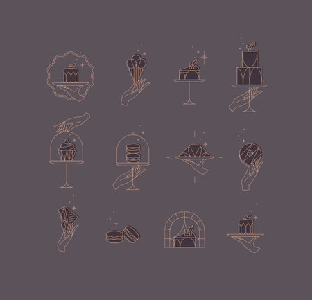 Desserts on cake stand in art deco style labels drawing with brown on chocolate color backgroundのイラスト素材