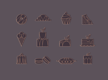 Dessert icons in art deco style doughnut, croissant, cupcake, sandwich, ice cream, cake, dessert, pancakes, macaroons, pie jelly drawing with brown on chocolate color backgroundのイラスト素材