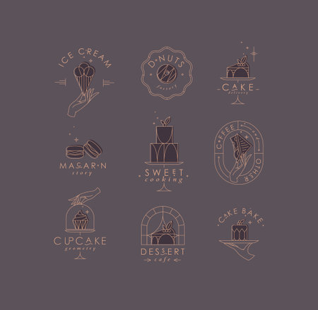 Bakery dessert labels with lettering in art deco style drawing with brown on chocolate color backgroundのイラスト素材