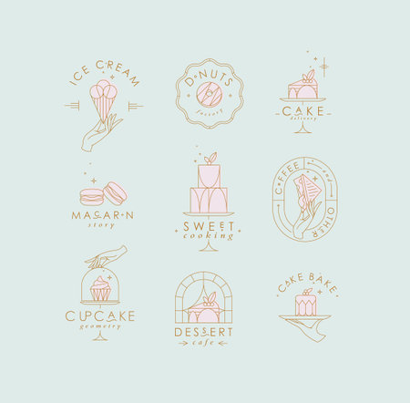 Bakery dessert labels with lettering in art deco style drawing with pink on turquoise backgroundのイラスト素材