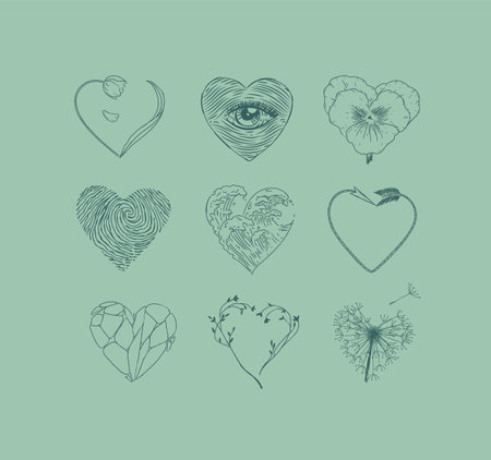 Hearts shape with flower, eye, fingerprint, wave, arrow, stone drawing in graphic style on green backgroundのイラスト素材
