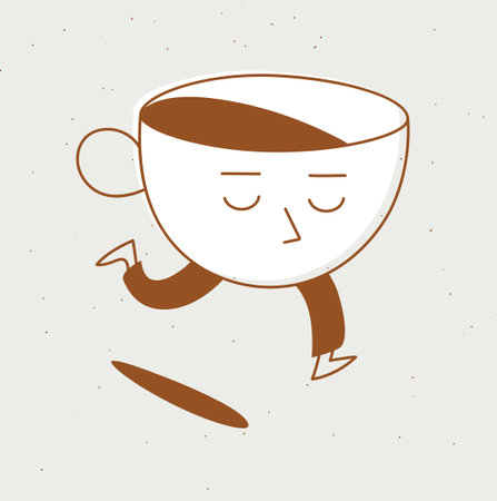 Running sleepy cup of coffee drawing in cartoon flat line style on beige backgroundのイラスト素材