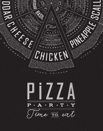 Poster featuring slices of various pizzas, chicken, seafood, pepperoni, cheese, margherita with recipes and names showcased in pizza party time to eat lettering, drawn on a black background.のイラスト素材