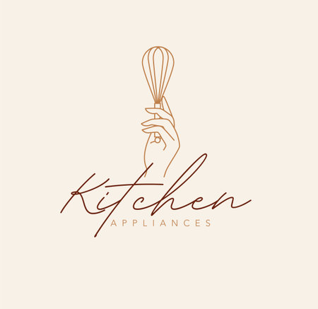Hand holding whisk with lettering kitchen appliances drawing in linear style on beige backgroundのイラスト素材