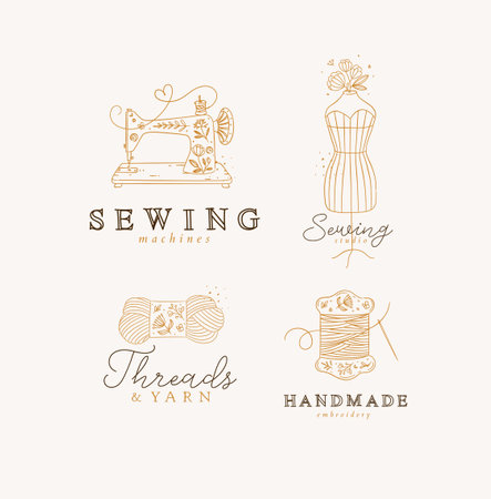 Sewing symbols machine, mannequin, wool, thread with lettering drawing in floral style on beige backgroundのイラスト素材