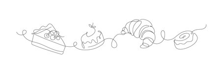 Bakery desserts cake, croissant, cupcake linear style silhouette drawing on white backgroundのイラスト素材