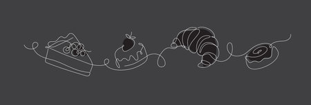 Bakery desserts cake, croissant, cupcake linear style silhouette drawing on black backgroundのイラスト素材