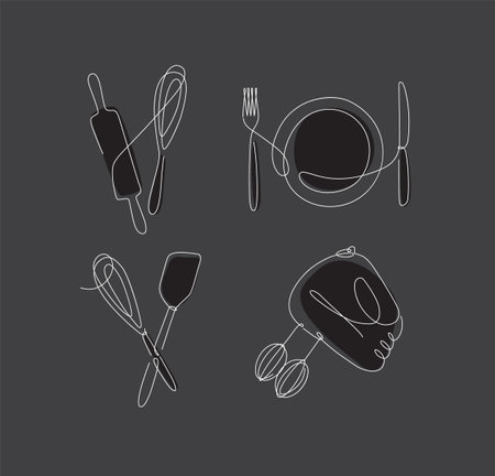 Kitchen appliances rolling pin, whisk, fork, knife, plate, spatula, mixer drawing in linear style on black background.のイラスト素材