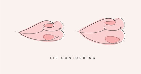 Pair of lips with contouring drawing in linear style on beige backgroundのイラスト素材