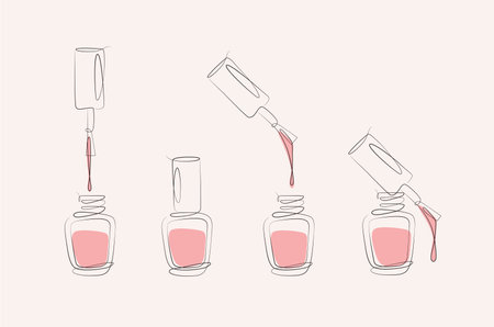 Nails polish bottles and brushes drawing with pink color in linear style on beige backgroundのイラスト素材