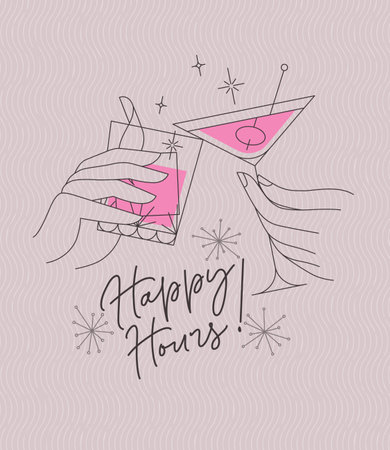 Poster clinking glasses with lettering happy hours drawing with color on pink backgroundのイラスト素材