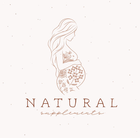 Pregnant woman with a baby in the uterus drawing in floral style on beige backgroundのイラスト素材