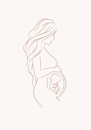 Pregnant woman with a baby drawing in linear style on beige backgroundのイラスト素材