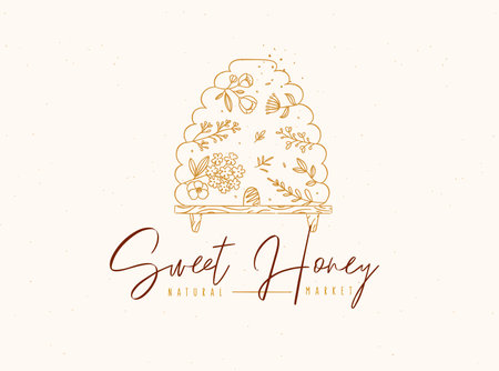 Beehive with inscription sweet honey natural market drawing in floral style on beige backgroundのイラスト素材