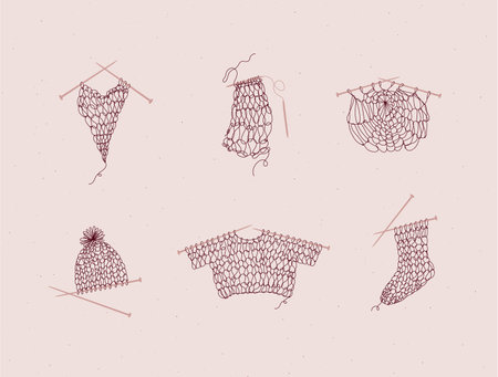 Knitting collection with needles, sweater, sock, hat, napkin, yarn, wool, cap drawing in line art style on pink color background.のイラスト素材