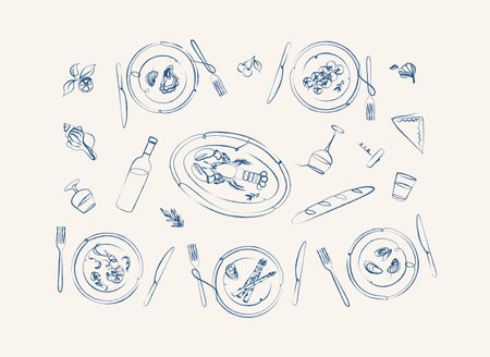 Seafood food plates collection oyster, shrimp, mussels, lobster, asparagus, tomatoes with fork and knife drawing with blue on beige backgroundのイラスト素材
