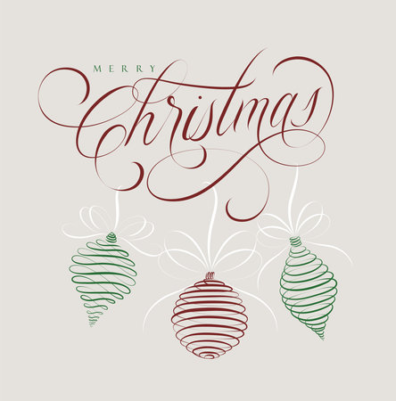 Merry Christmas lettering poster drawing three tree toys with color on beige background.のイラスト素材
