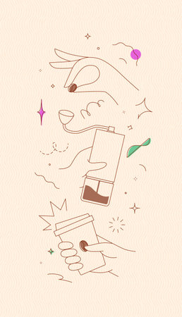 Coffee bean and grinder take away cup symbols drawing in modern linear art style on grey backgroundのイラスト素材