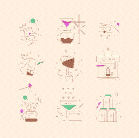 Coffee symbols set cup, pot, grinder, bean, machine, pot, mill, pack drawing in minimalist style on peach backgroundのイラスト素材