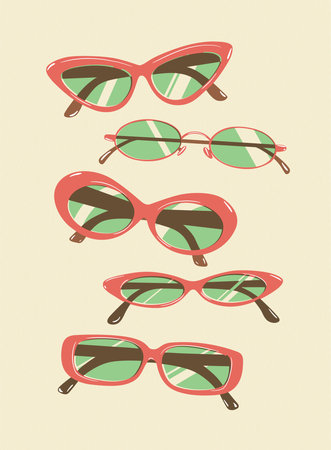 Sunglasses collection portrait drawing in vintage style with green lens and red frame on beige backgroundのイラスト素材