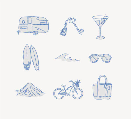 Summer travel icons collection car trailer key glass surfboard waves sunglasses mountain bicycle beach bag drawing in graphic style on blue backgroundのイラスト素材