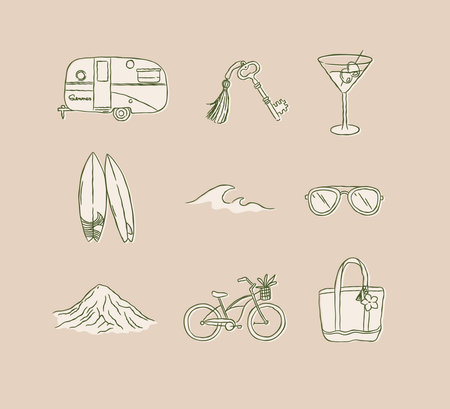 Summer travel icons collection car trailer key glass surfboard waves sunglasses mountain bicycle beach bag drawing in graphic style on brown backgroundのイラスト素材