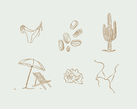 Summer vacation icons collection bikini shell cactus beach umbrella and chair swimsuit drawing in graphic style on turquoise backgroundのイラスト素材
