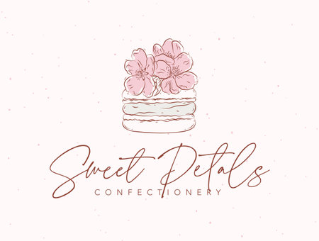 Confectionery label design with lettering sweet petals drawing in floral style on beige background