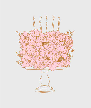 Cake on stand made with flowers and candles drawing in floral style on beige backgroundのイラスト素材