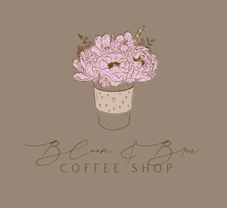 Coffee shop bloom and brew label design with lettering bloom and brew drawing in floral style on brown backgroundのイラスト素材