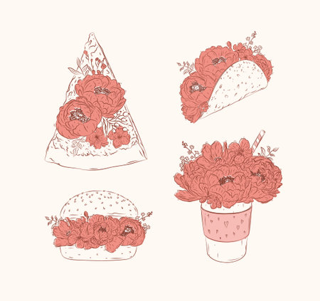 Food floral illustrations slice of pizza, taco, burger, take away coffee in floral style with flowers and petals drawing with coral and brown on beige backgroundのイラスト素材