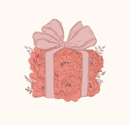Gift box made with flowers and bows drawing in floral style with coral on beige backgroundのイラスト素材