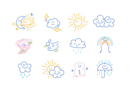 Weather cute icons drawing in cartoon kid style on white backgroundのイラスト素材