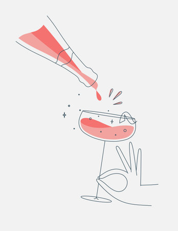 Hand holding glass of champagne and bottle drawing in flat line style on light backgroundのイラスト素材