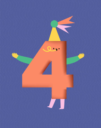 Birthday number 4 poster drawing in cute cartoon style on blue backgroundのイラスト素材