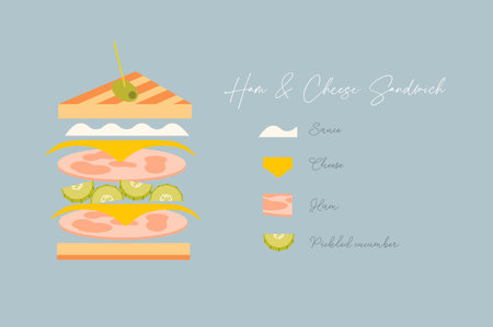 Sandwich ham and cheese with illustrated ingredients and inscriptions drawing in cute style on light blue backgroundのイラスト素材