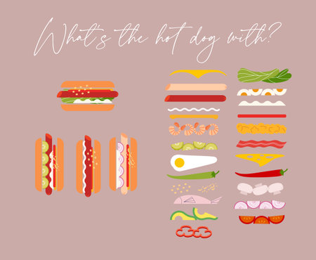 Hot dog with illustrated ingredients and inscriptions set drawing in cute style on beige backgroundのイラスト素材