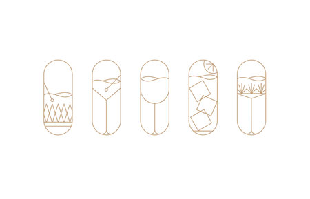 Art deco cocktail symbol set drawing in gold line style on light backgroundのイラスト素材