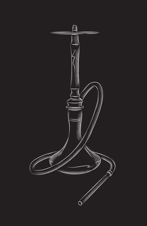 Hookah shisha with hose silhouette drawing in vintage graphic style with white on black backgroundのイラスト素材
